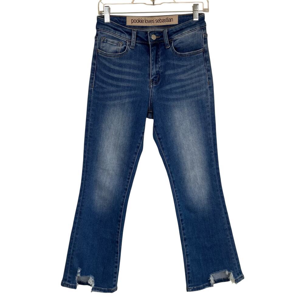 Pookie & Sebastian 26 Kick Flare Jeans Mid Blue Stretchy Distressed Chewed Hem